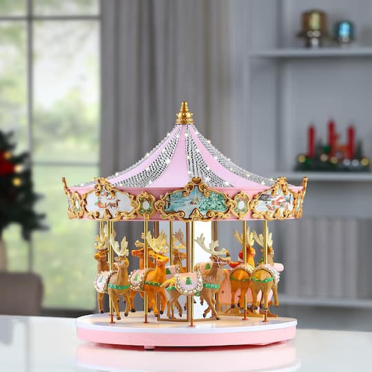 12" Animated & Musical Pink Crystal Carousel